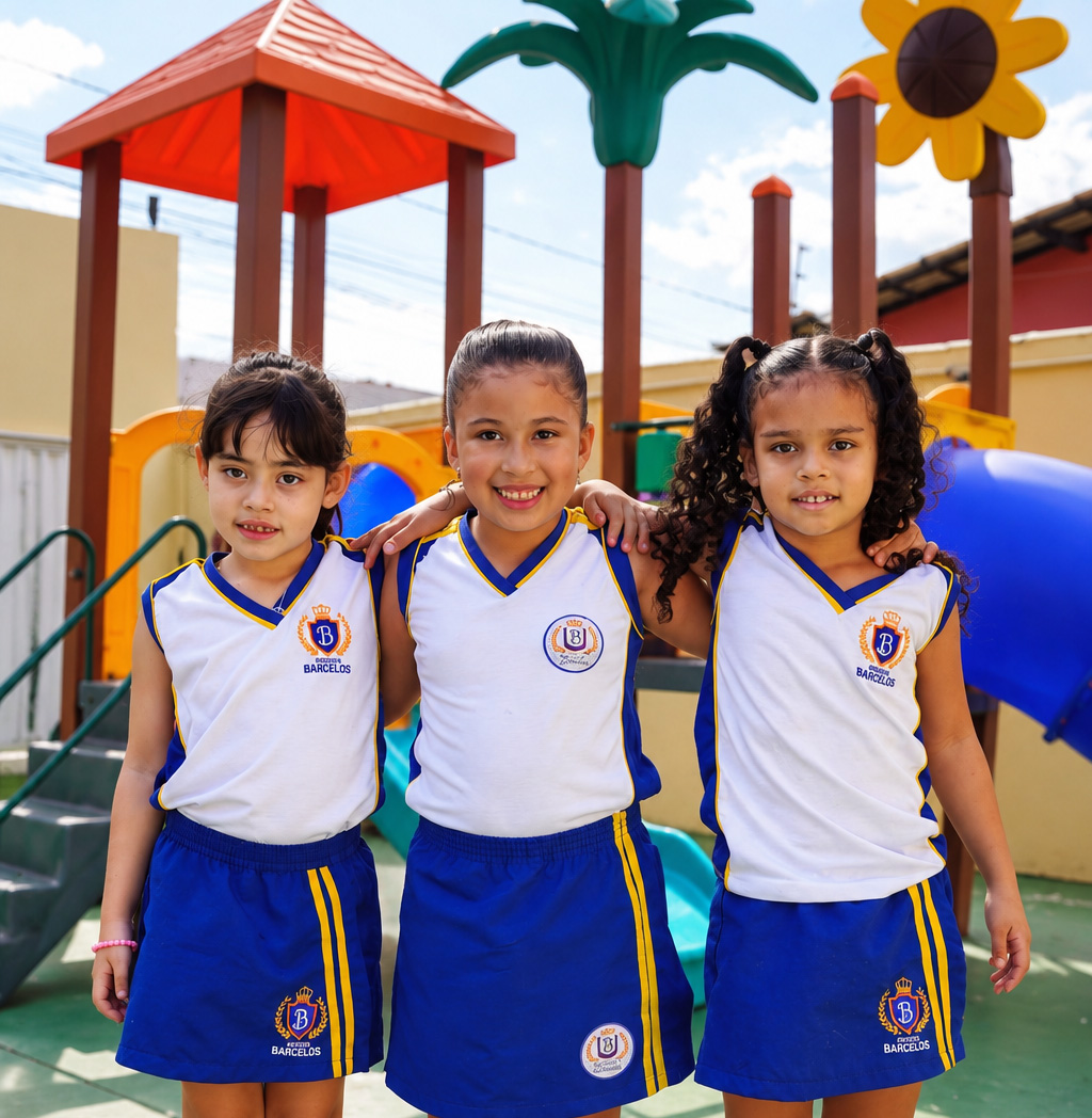 Alunas do Colégio Barcelos sorrindo no pátio da escola